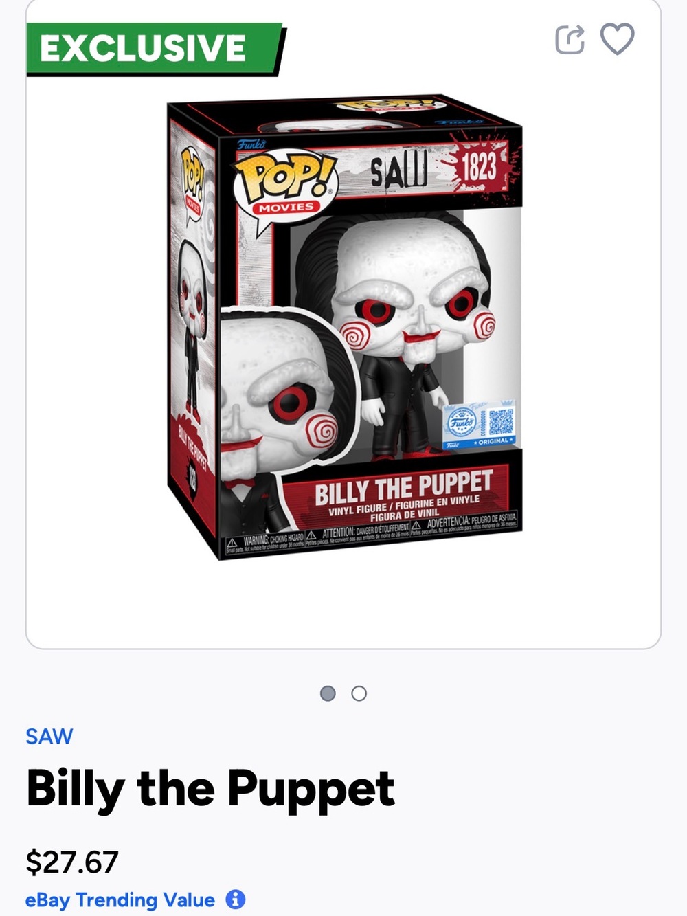 Funko POP! Billy the Puppet Vinyl Figure (Black, White, Red) - SAW- 1823